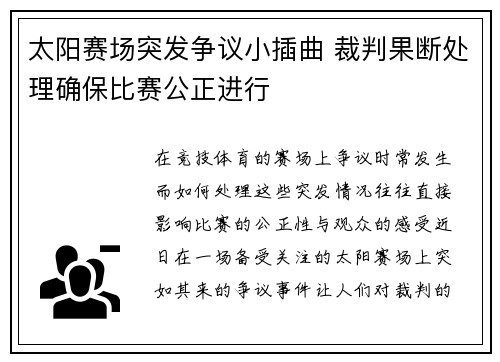 太阳赛场突发争议小插曲 裁判果断处理确保比赛公正进行 太阳赛场突发争议小插曲 裁判果断处理确保比赛公正进行