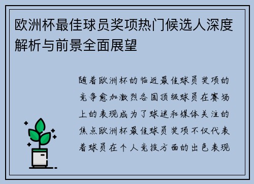 欧洲杯最佳球员奖项热门候选人深度解析与前景全面展望